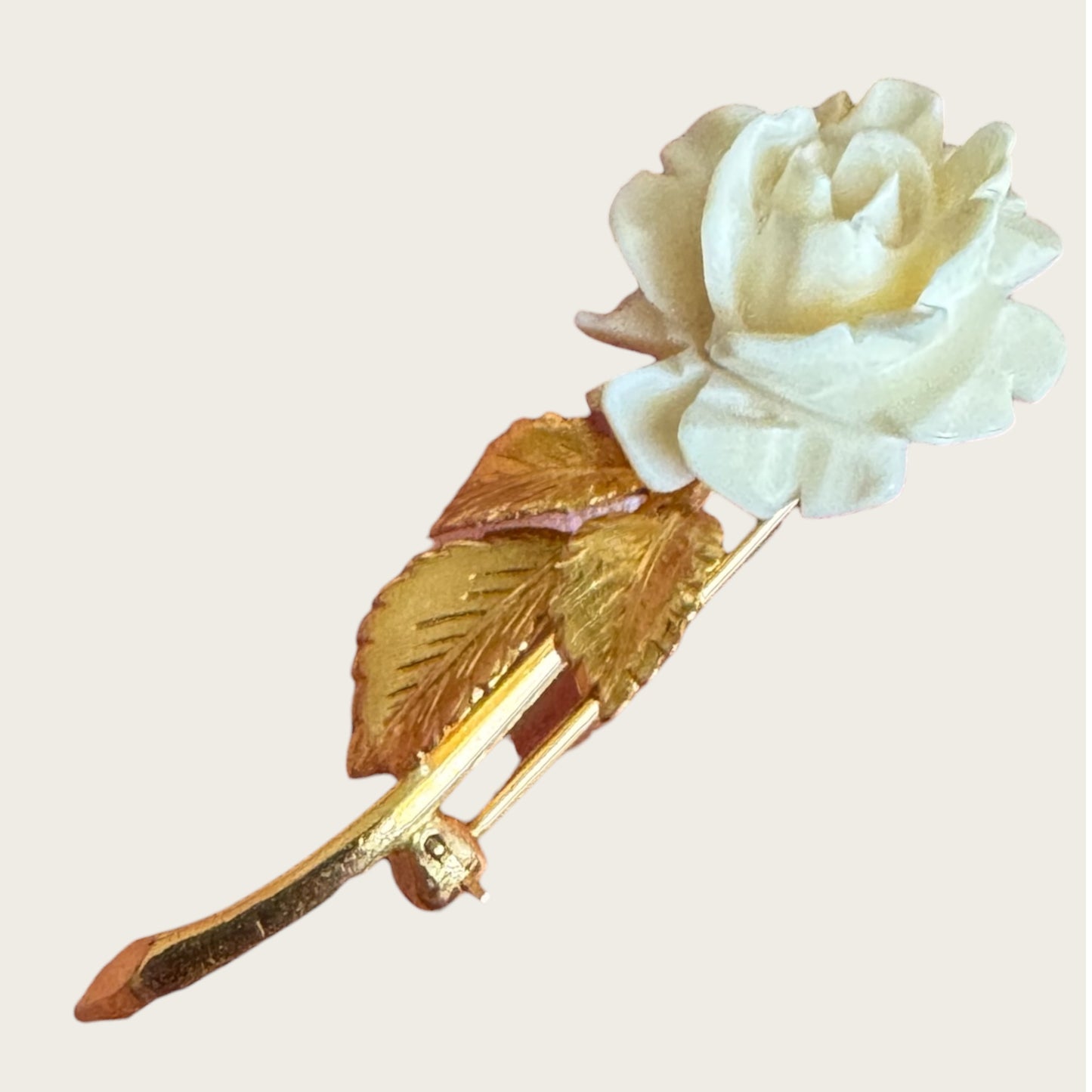 Vintage Creed Carved Rose Brooch with Gold-Filled Leaves