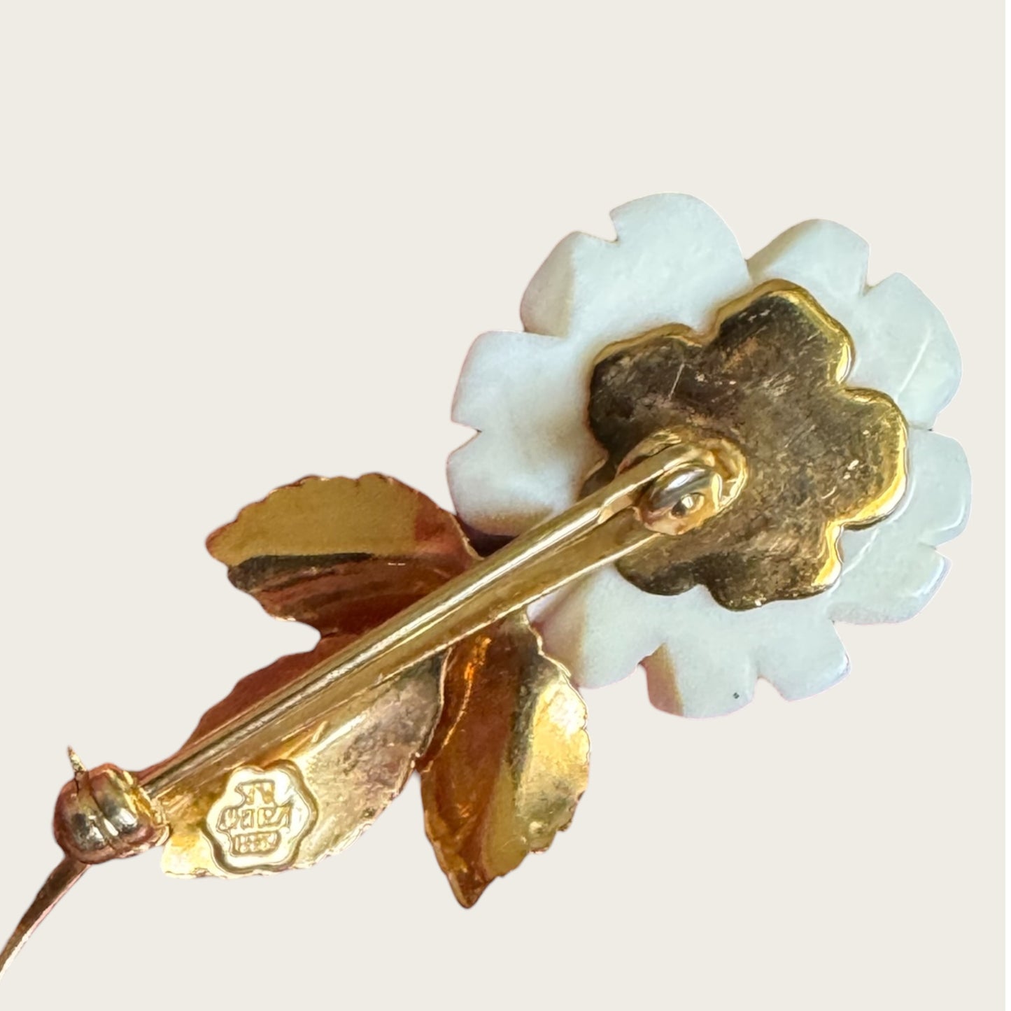 Vintage Creed Carved Rose Brooch with Gold-Filled Leaves