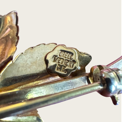 Vintage Creed Carved Rose Brooch with Gold-Filled Leaves