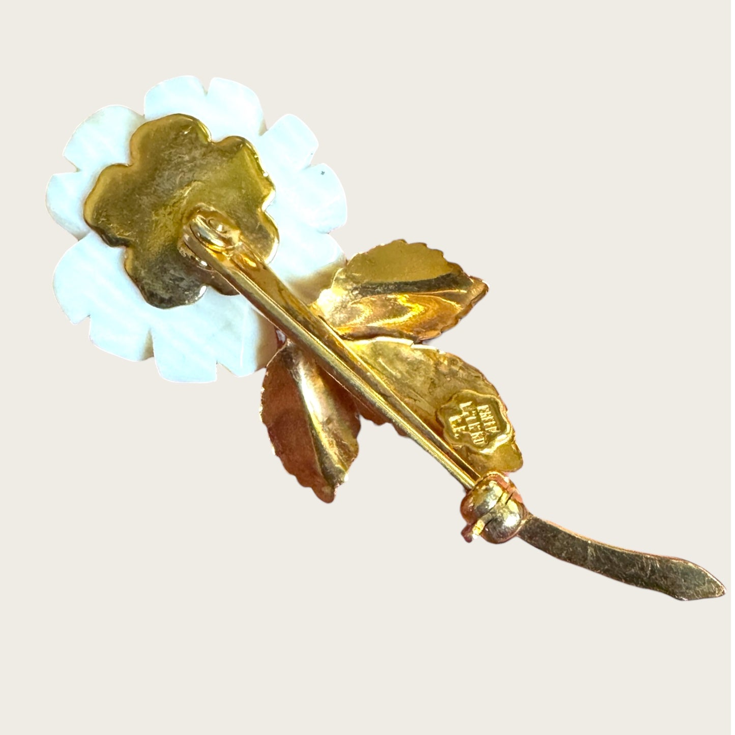 Vintage Creed Carved Rose Brooch with Gold-Filled Leaves