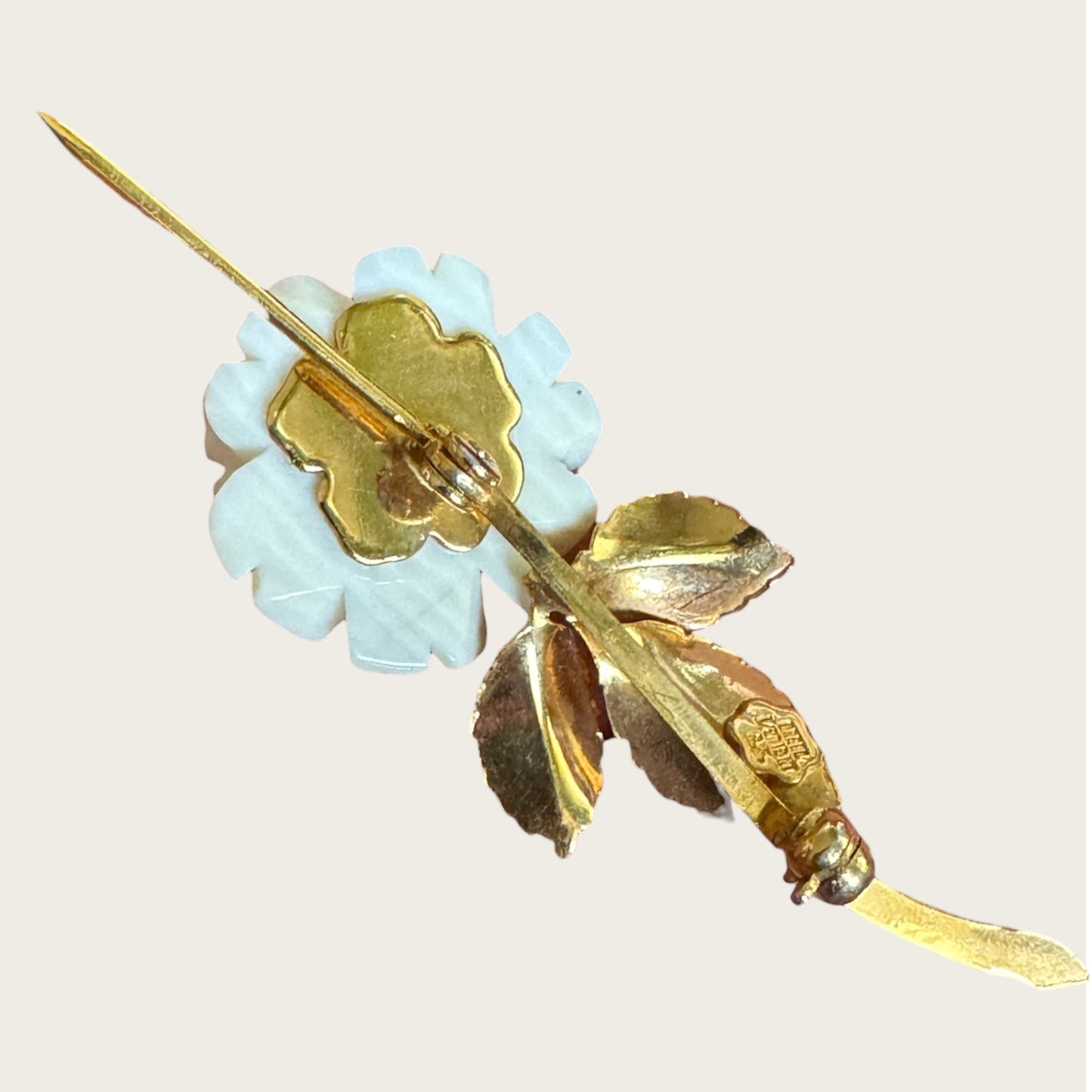 Vintage Creed Carved Rose Brooch with Gold-Filled Leaves