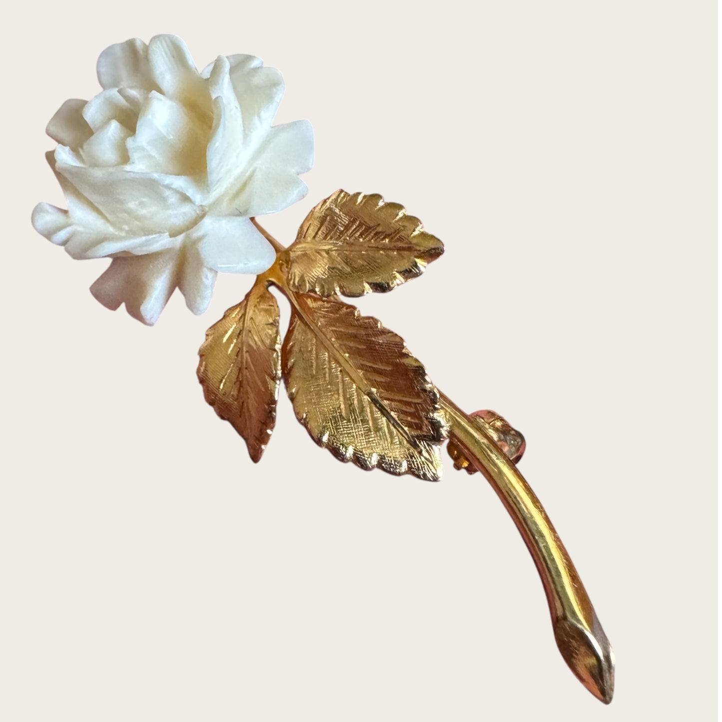 Vintage Creed Carved Rose Brooch with Gold-Filled Leaves