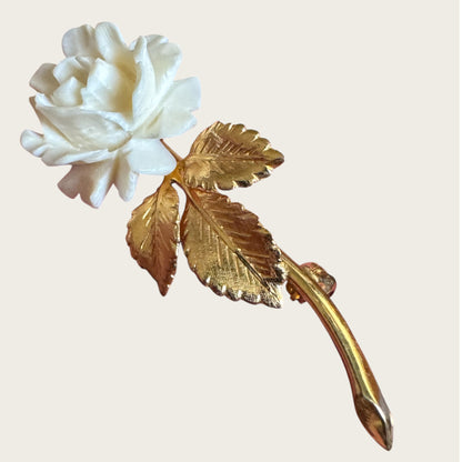 Vintage Creed Carved Rose Brooch with Gold-Filled Leaves