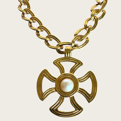 Vintage Monet Gold Tone Toggle Necklace with Sculptural Cross Medallion