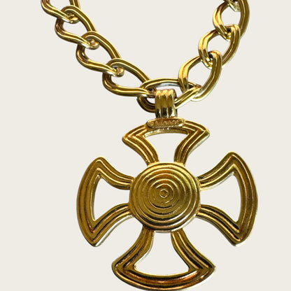 Vintage Monet Gold Tone Toggle Necklace with Sculptural Cross Medallion