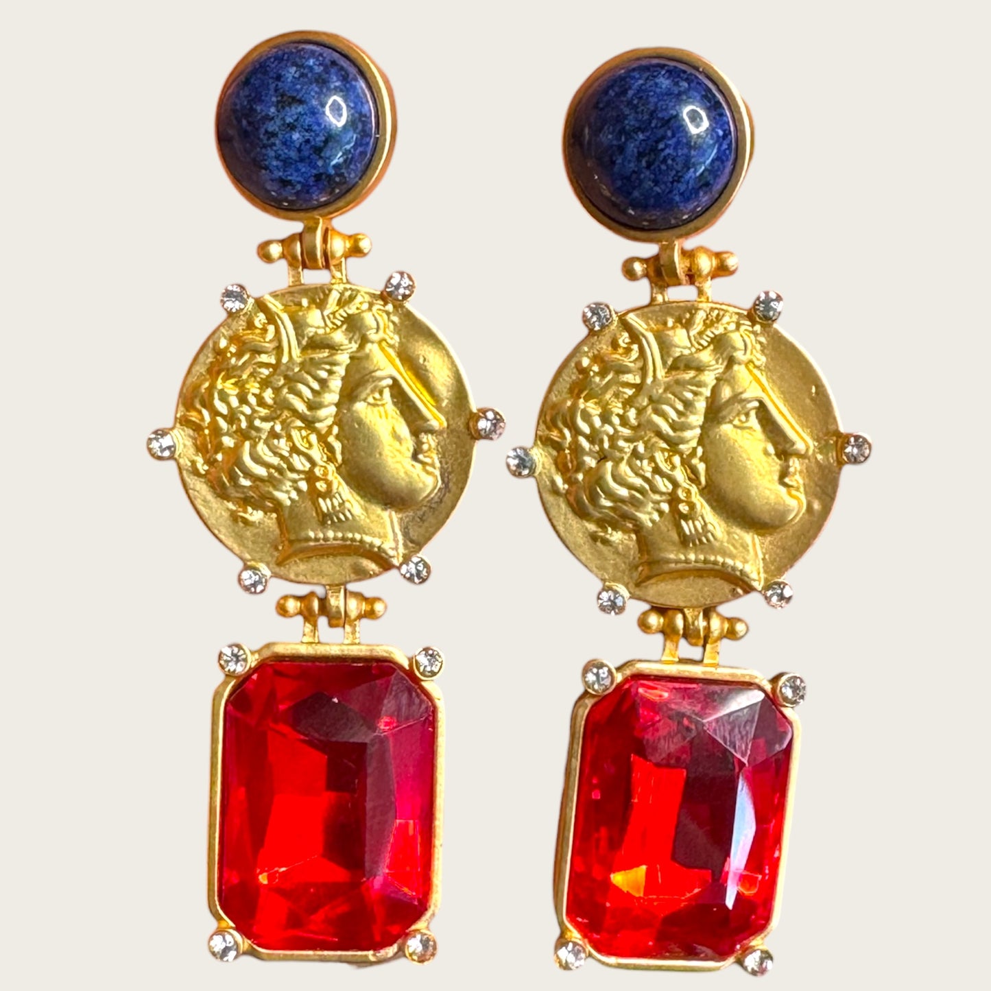 Dominique Aurientis Style French Gripoix Lapis & Roman Coin Dangle Earrings