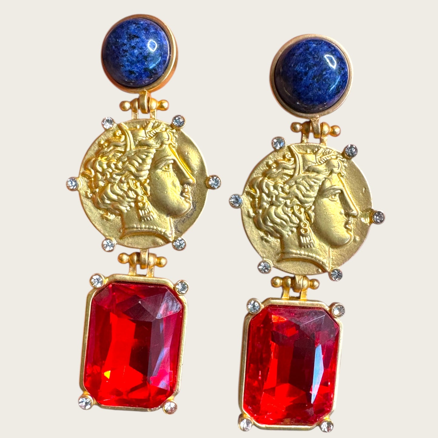 Dominique Aurientis Style French Gripoix Lapis & Roman Coin Dangle Earrings