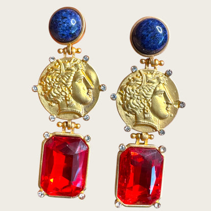 Dominique Aurientis Style French Gripoix Lapis & Roman Coin Dangle Earrings