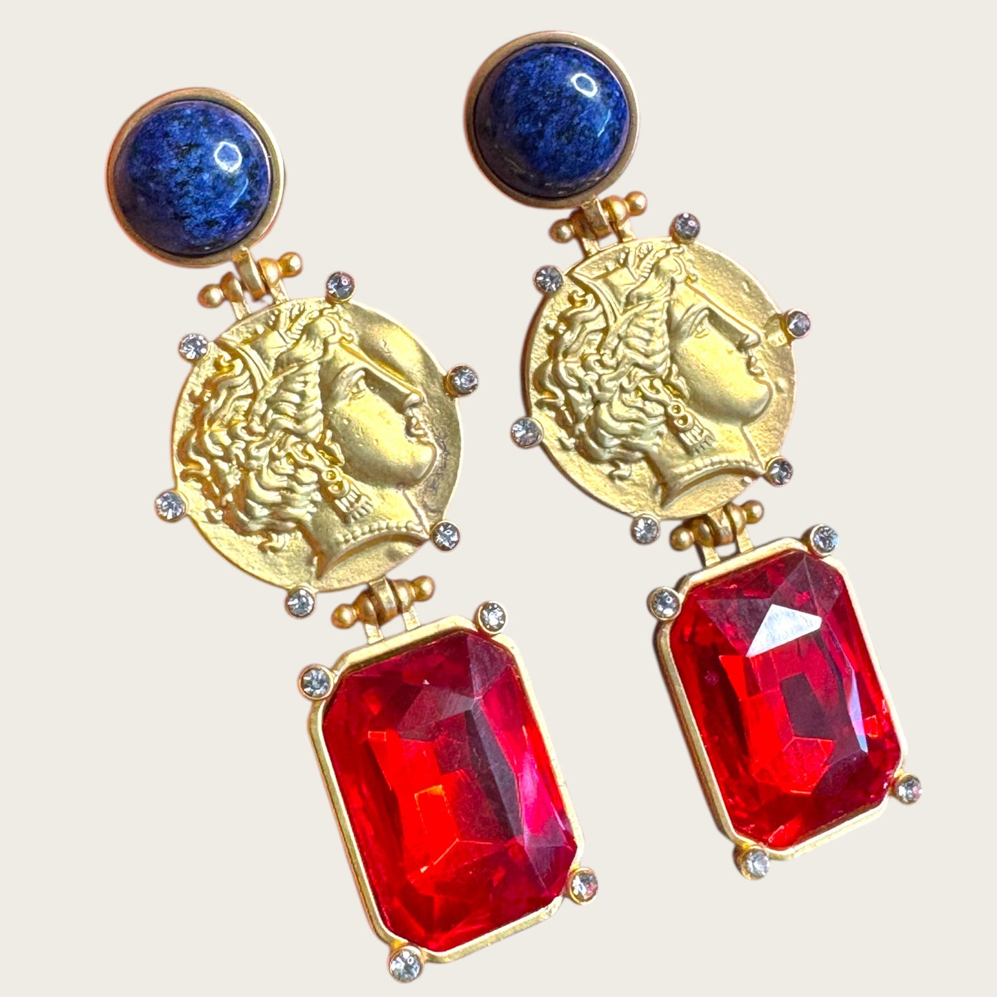 Dominique Aurientis Style French Gripoix Lapis & Roman Coin Dangle Earrings
