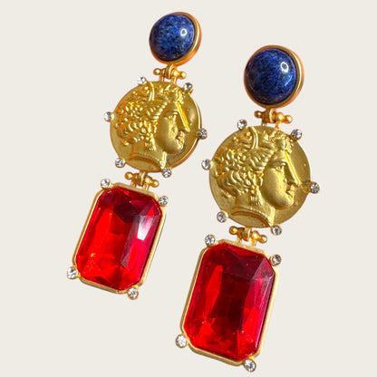 Dominique Aurientis Style French Gripoix Lapis & Roman Coin Dangle Earrings