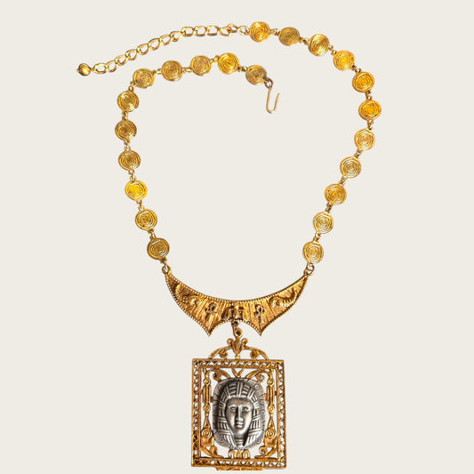 Vintage Arthur Pepper Egyptian Revival Pharaoh Medallion Necklace – Signed, Articulated Gold Tone