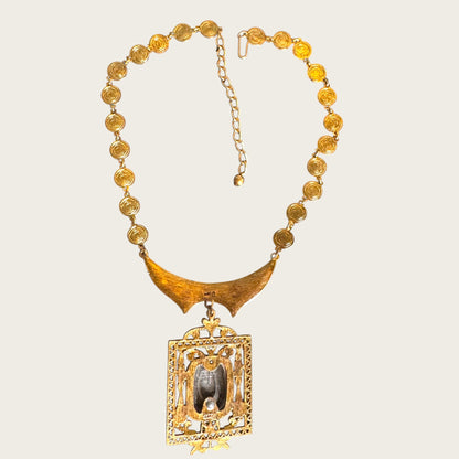 Vintage Arthur Pepper Egyptian Revival Pharaoh Medallion Necklace – Signed, Articulated Gold Tone