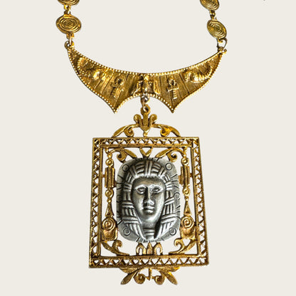 Vintage Arthur Pepper Egyptian Revival Pharaoh Medallion Necklace – Signed, Articulated Gold Tone