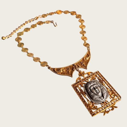 Vintage Arthur Pepper Egyptian Revival Pharaoh Medallion Necklace – Signed, Articulated Gold Tone