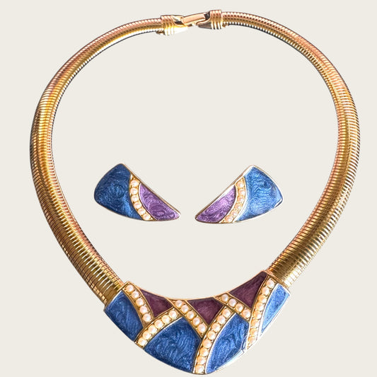 Vintage Trifari Frosted Amethyst & Cobalt Enamel Omega Necklace & Earring Set