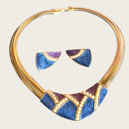 Vintage Trifari Frosted Amethyst & Cobalt Enamel Omega Necklace & Earring Set