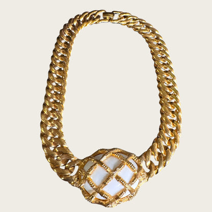 Vintage Monet Caged White Lucite Curb Chain Collar Necklace
