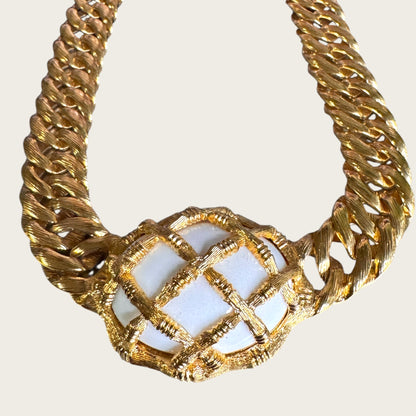 Vintage Monet Caged White Lucite Curb Chain Collar Necklace