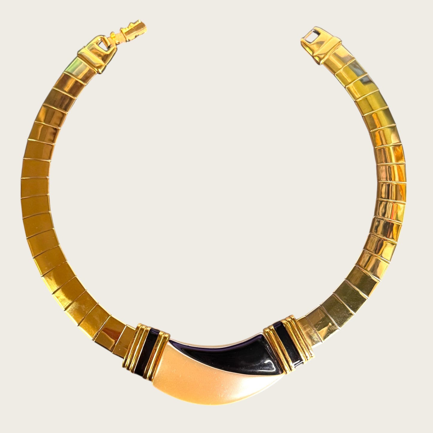 Vintage Napier Gold Tone Mesh Panel Choker with Pearl & Black Lucite
