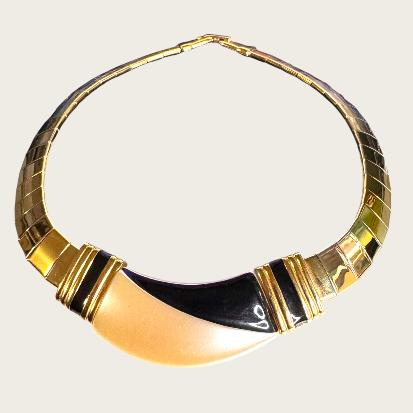 Vintage Napier Gold Tone Mesh Panel Choker with Pearl & Black Lucite