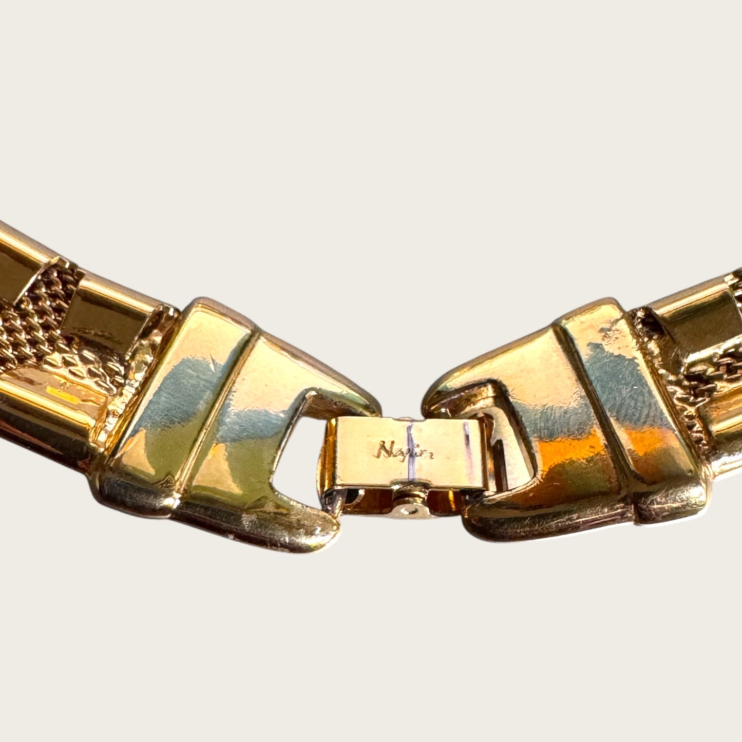 Vintage Napier Gold Tone Mesh Panel Choker with Pearl & Black Lucite