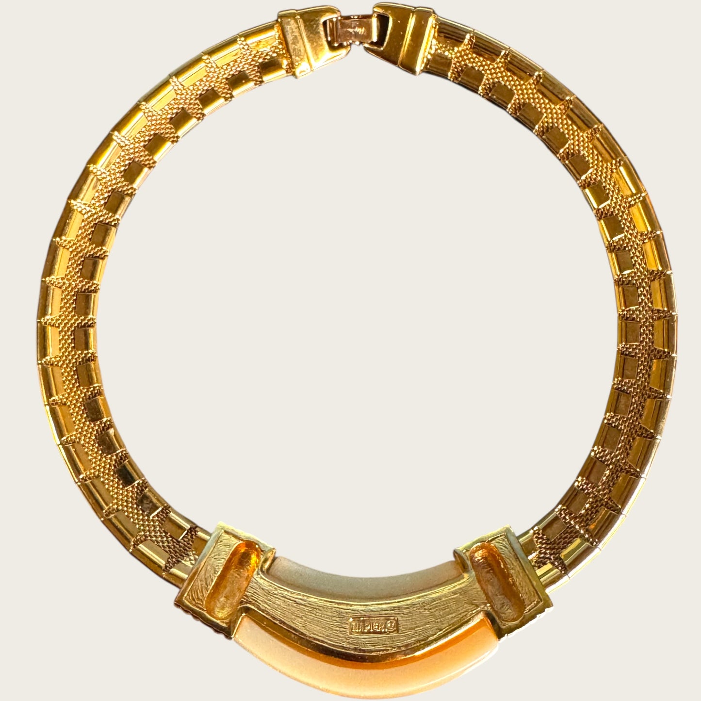 Vintage Napier Gold Tone Mesh Panel Choker with Pearl & Black Lucite