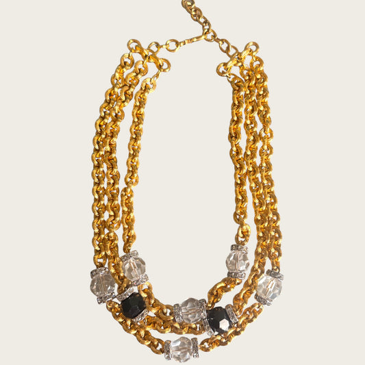 Vintage Monet Triple Strand Textured Chain Necklace with Faceted Glass & Crystal Rondel