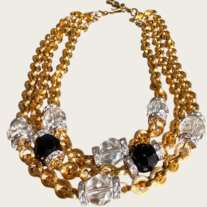 Vintage Monet Triple Strand Textured Chain Necklace with Faceted Glass & Crystal Rondel