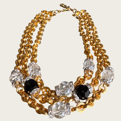 Vintage Monet Triple Strand Textured Chain Necklace with Faceted Glass & Crystal Rondel