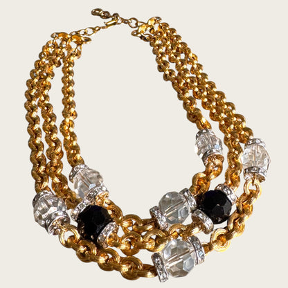 Vintage Monet Triple Strand Textured Chain Necklace with Faceted Glass & Crystal Rondel