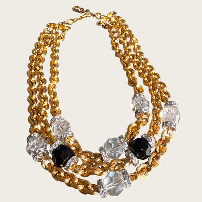 Vintage Monet Triple Strand Textured Chain Necklace with Faceted Glass & Crystal Rondel