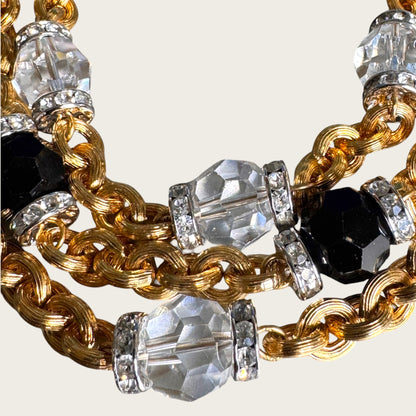 Vintage Monet Triple Strand Textured Chain Necklace with Faceted Glass & Crystal Rondel