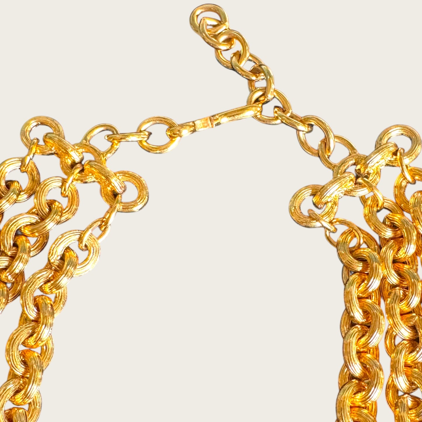Vintage Monet Triple Strand Textured Chain Necklace with Faceted Glass & Crystal Rondel