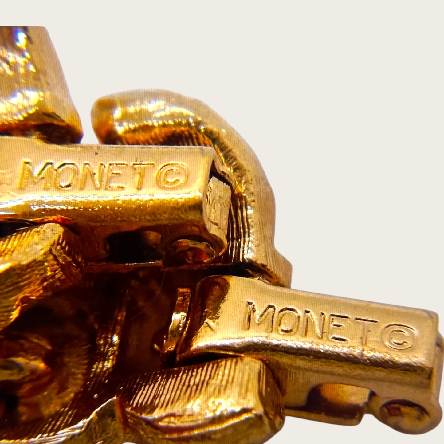 Vintage Monet Textured Gold Tone Collar Necklace with Teardrop Pendant & Matching Clip Earrings Set