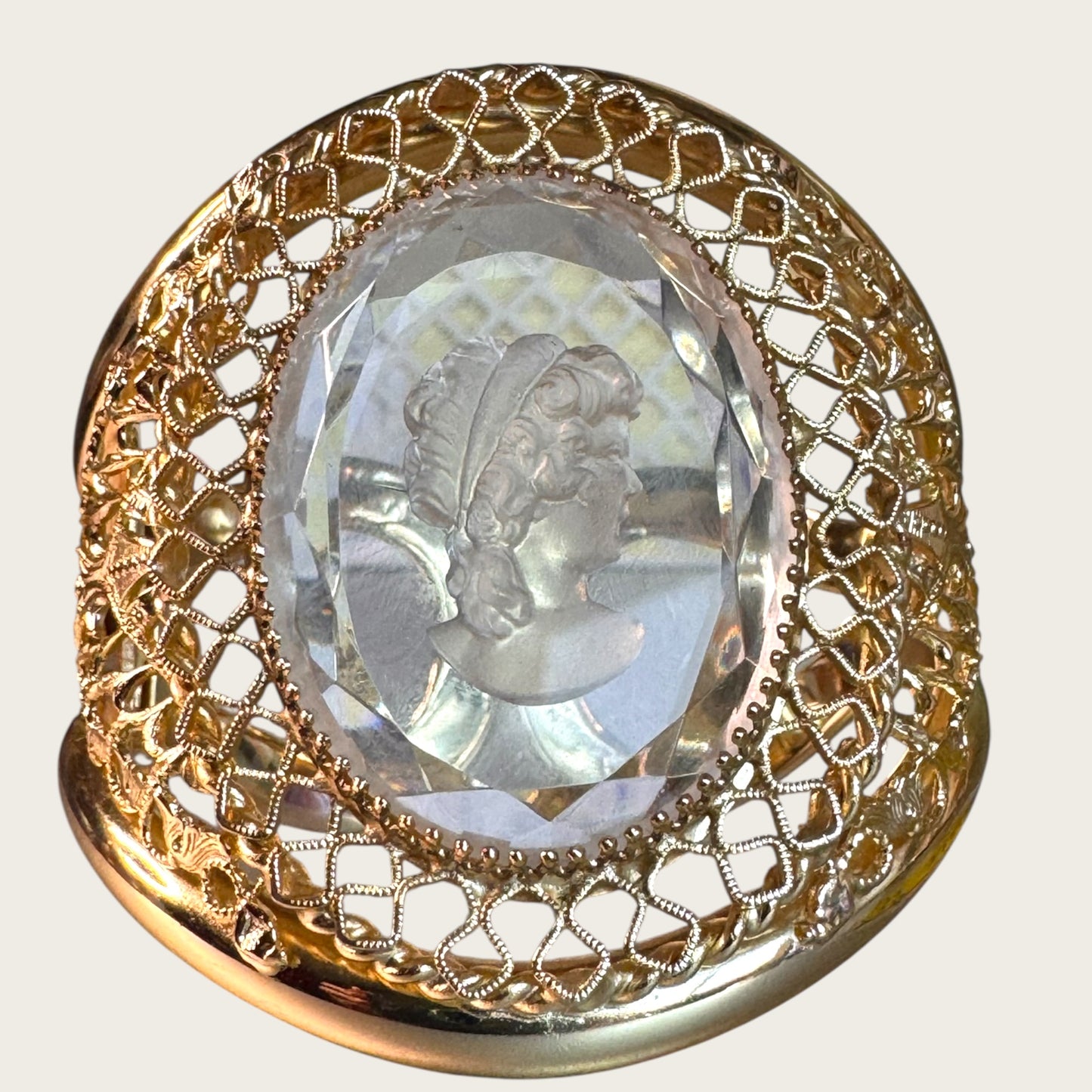 Vintage Whiting & Davis Filigree Shield Clapper Cuff Bracelet with Etched Cameo Glass | Late 1960s–70s