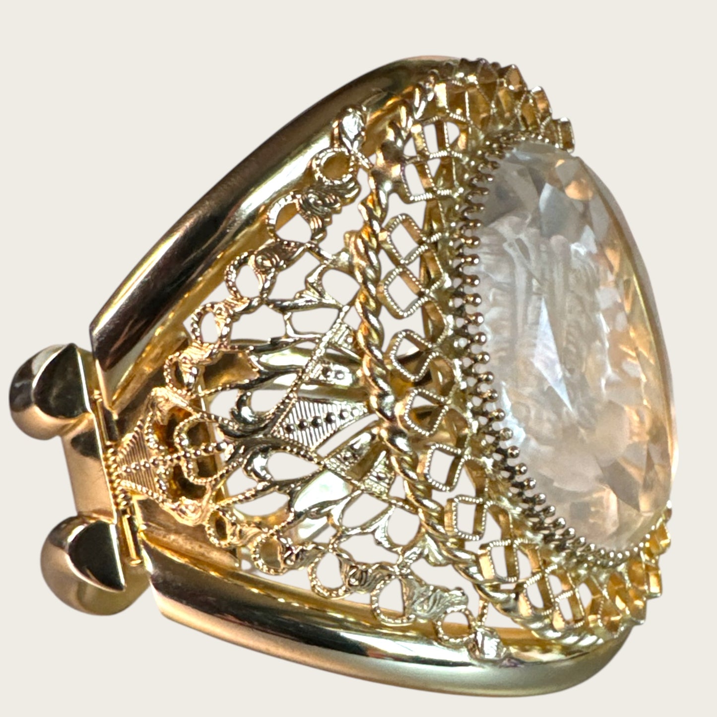 Vintage Whiting & Davis Filigree Shield Clapper Cuff Bracelet with Etched Cameo Glass | Late 1960s–70s