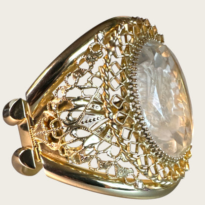 Vintage Whiting & Davis Filigree Shield Clapper Cuff Bracelet with Etched Cameo Glass | Late 1960s–70s