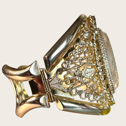 Vintage Whiting & Davis Filigree Shield Clapper Cuff Bracelet with Etched Cameo Glass | Late 1960s–70s