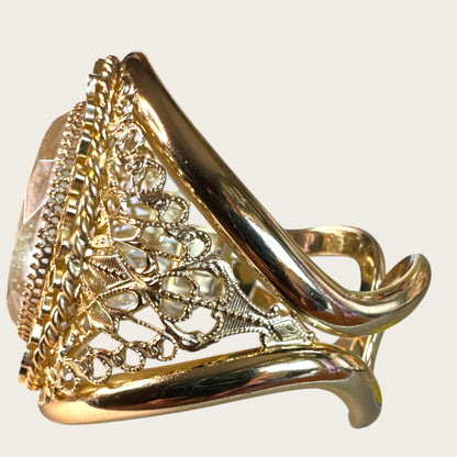 Vintage Whiting & Davis Filigree Shield Clapper Cuff Bracelet with Etched Cameo Glass | Late 1960s–70s