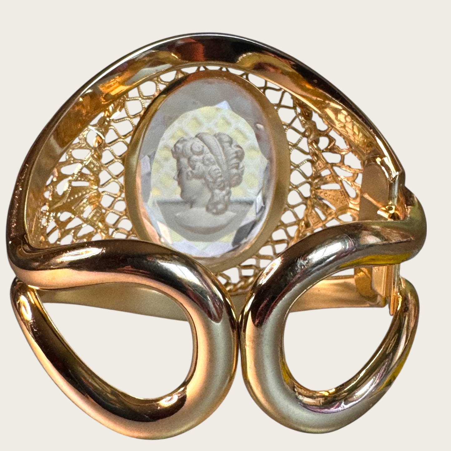 Vintage Whiting & Davis Filigree Shield Clapper Cuff Bracelet with Etched Cameo Glass | Late 1960s–70s