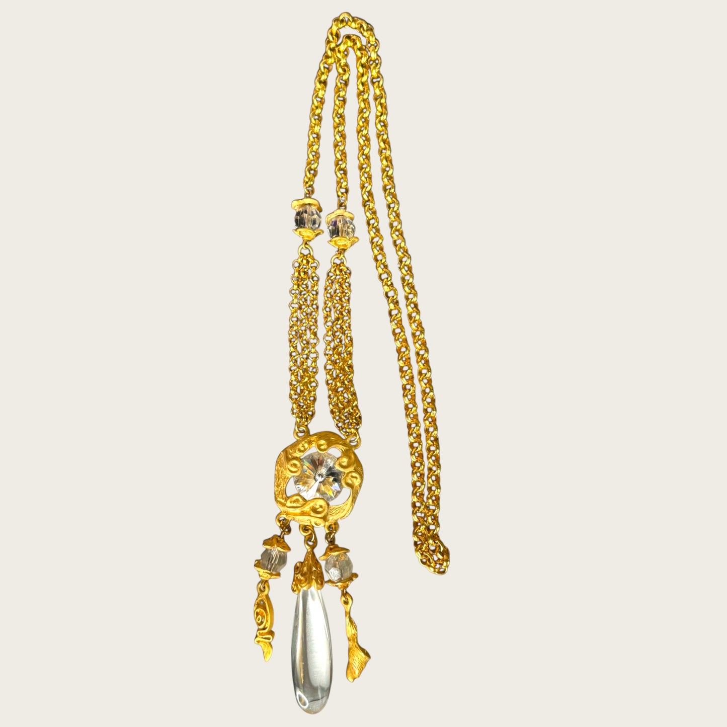 Unsigned Brushed Gold Rivoli & Lucite Teardrop Lariat Necklace with Triple Dangles