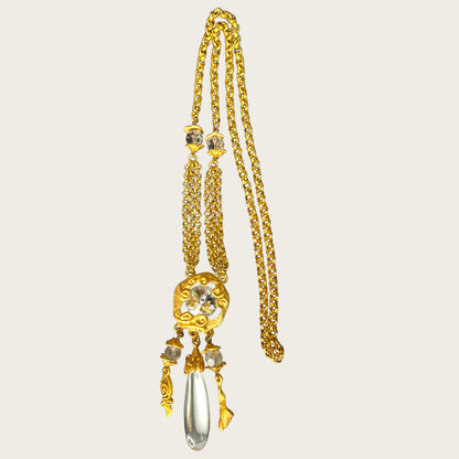 Unsigned Brushed Gold Rivoli & Lucite Teardrop Lariat Necklace with Triple Dangles