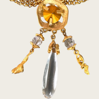 Unsigned Brushed Gold Rivoli & Lucite Teardrop Lariat Necklace with Triple Dangles