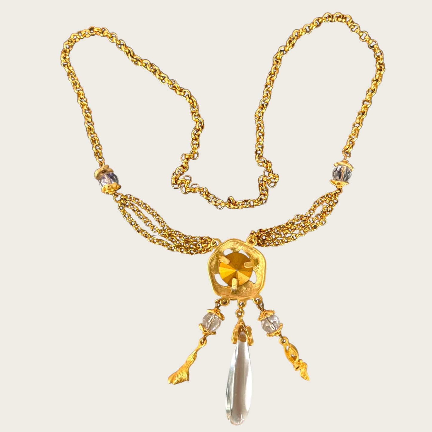 Unsigned Brushed Gold Rivoli & Lucite Teardrop Lariat Necklace with Triple Dangles