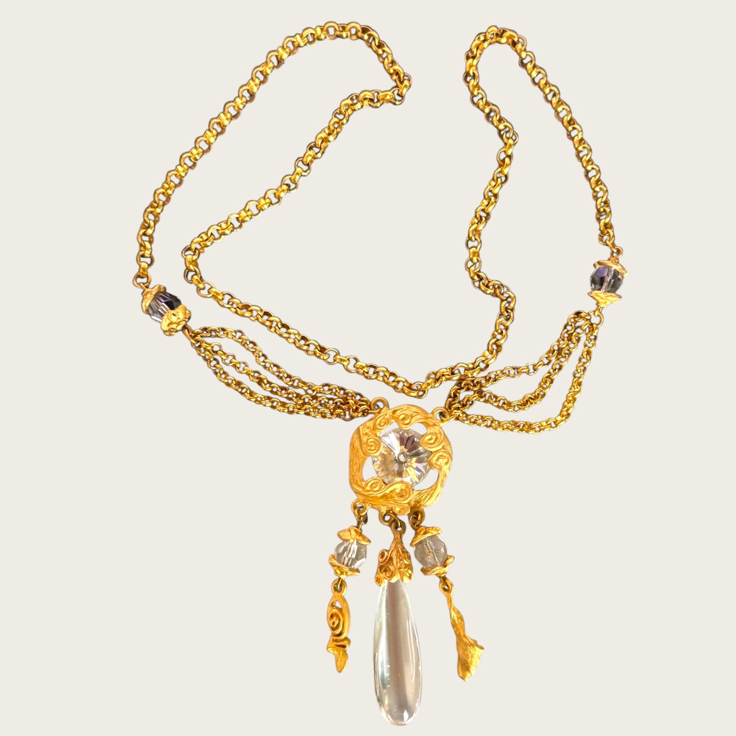 Unsigned Brushed Gold Rivoli & Lucite Teardrop Lariat Necklace with Triple Dangles