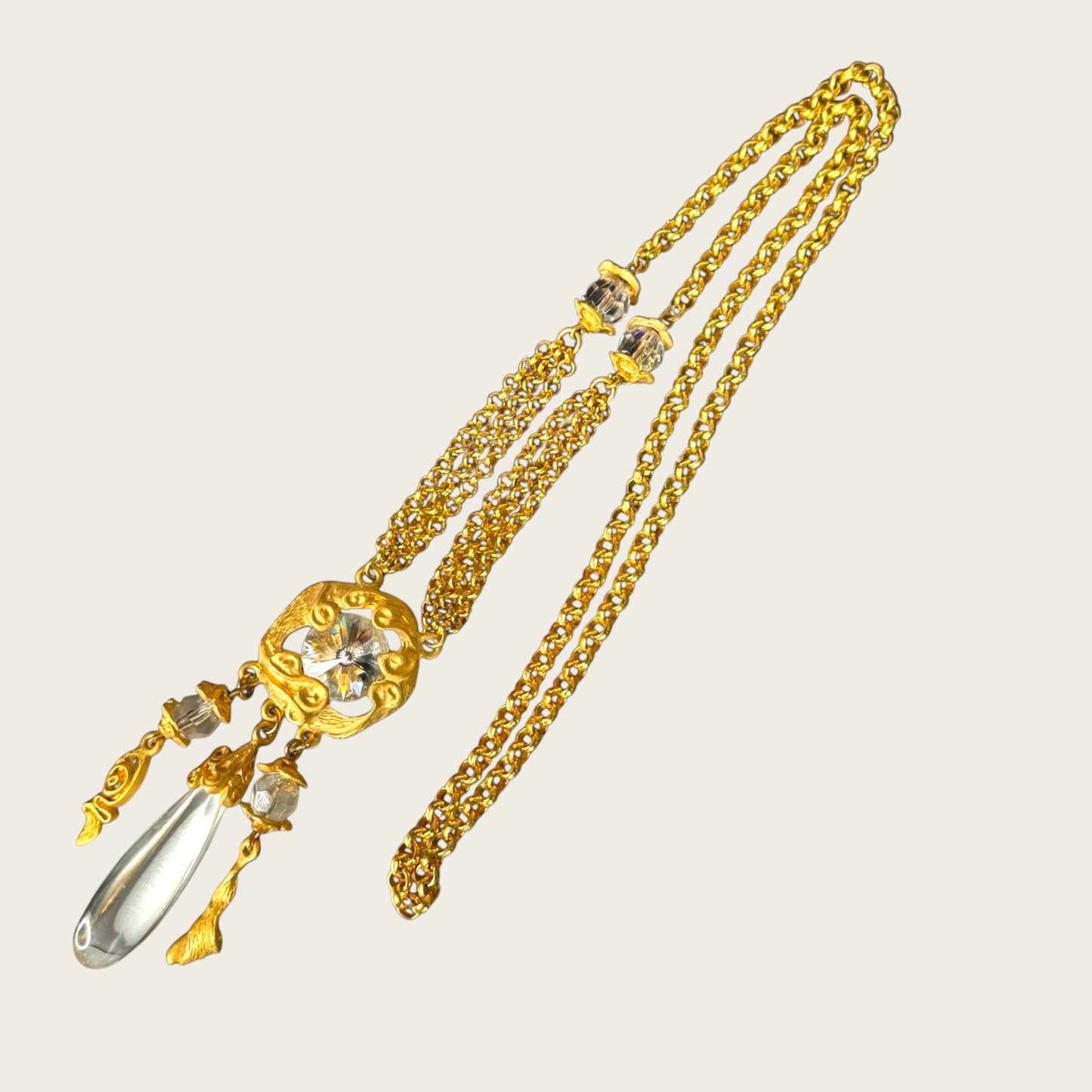 Unsigned Brushed Gold Rivoli & Lucite Teardrop Lariat Necklace with Triple Dangles