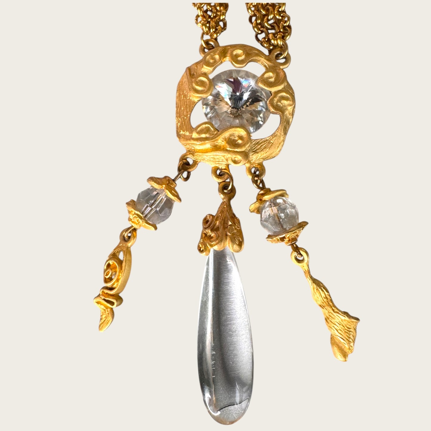 Unsigned Brushed Gold Rivoli & Lucite Teardrop Lariat Necklace with Triple Dangles
