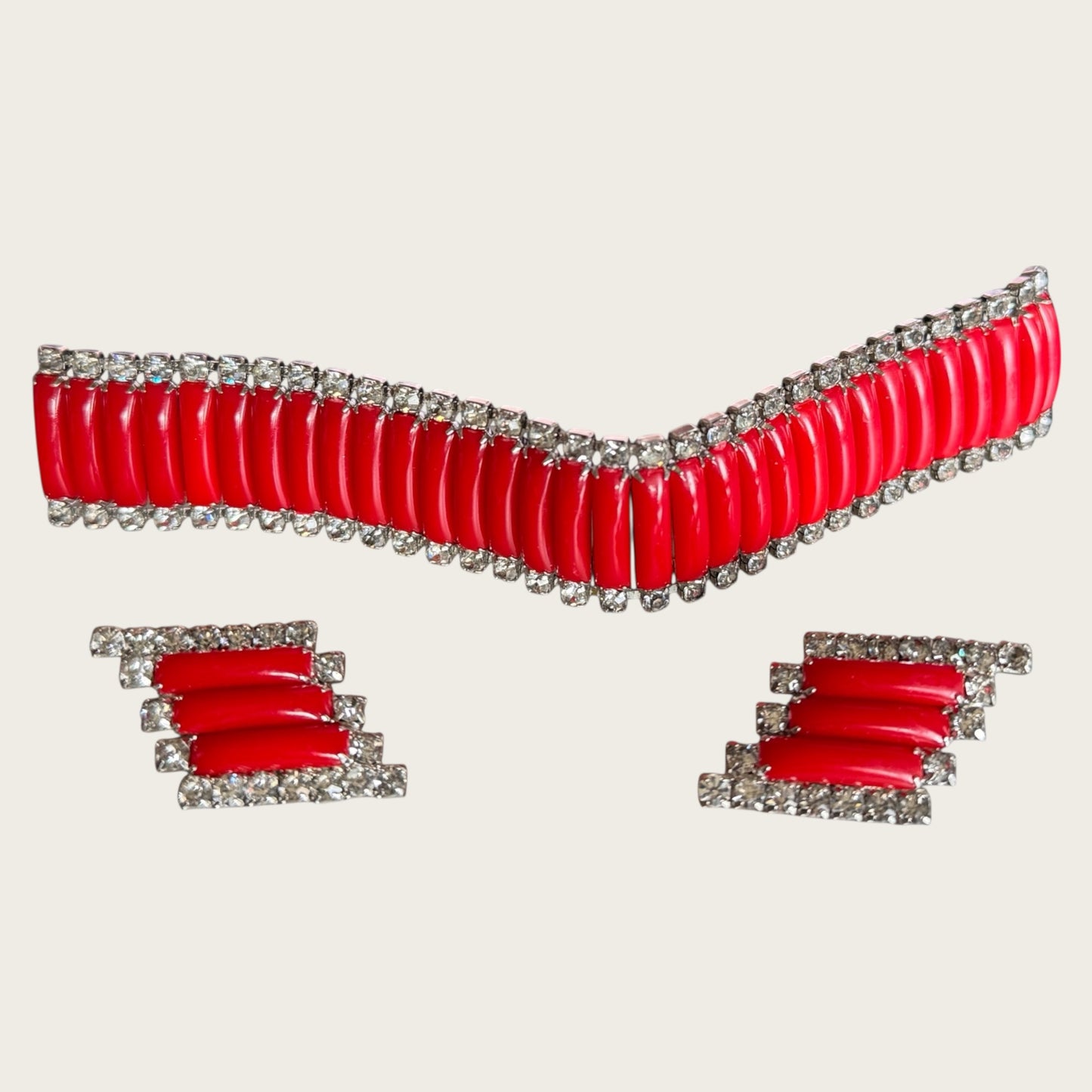 Mid-Century Red Thermoset & Rhinestone Parure Set