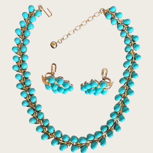 Crown Trifari Double-Layer Turquoise Thermoset Teardrop Choker & Earrings Set