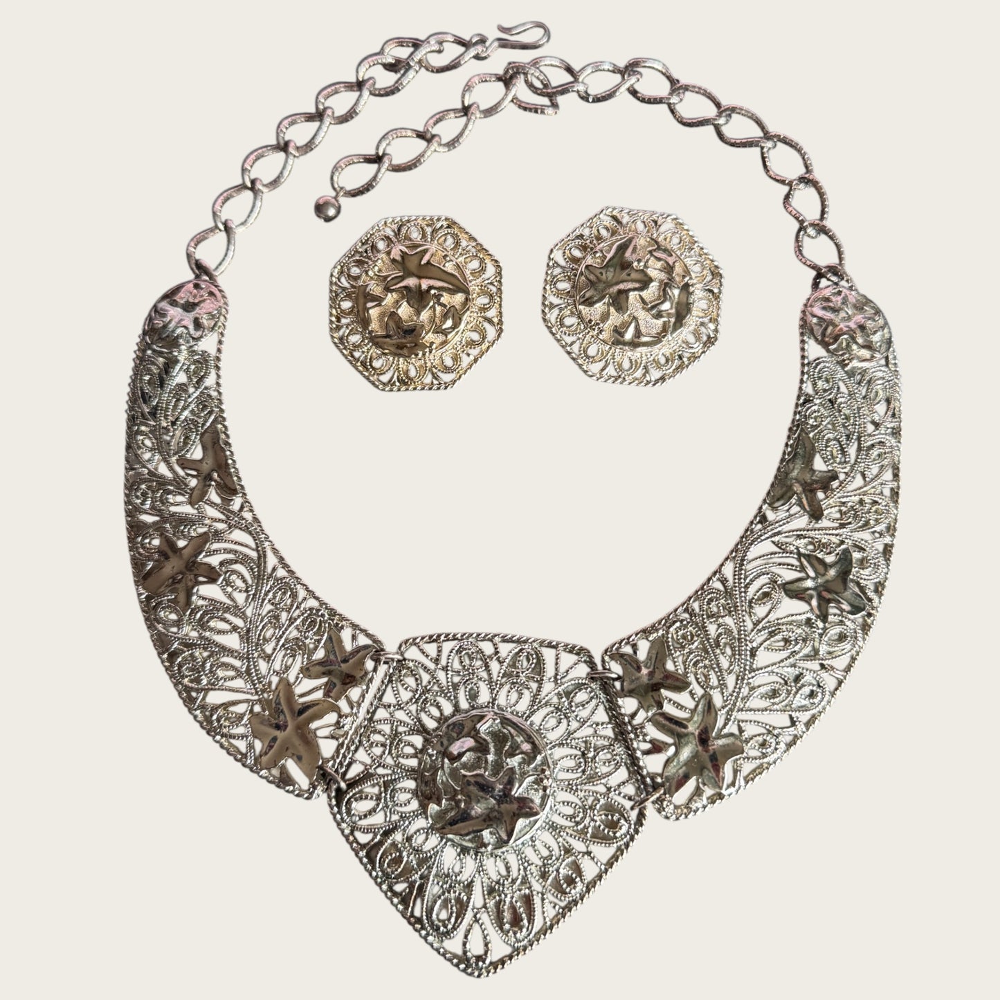 Vintage C. Barreira for Avon Filigree Bib Necklace & Earring Set